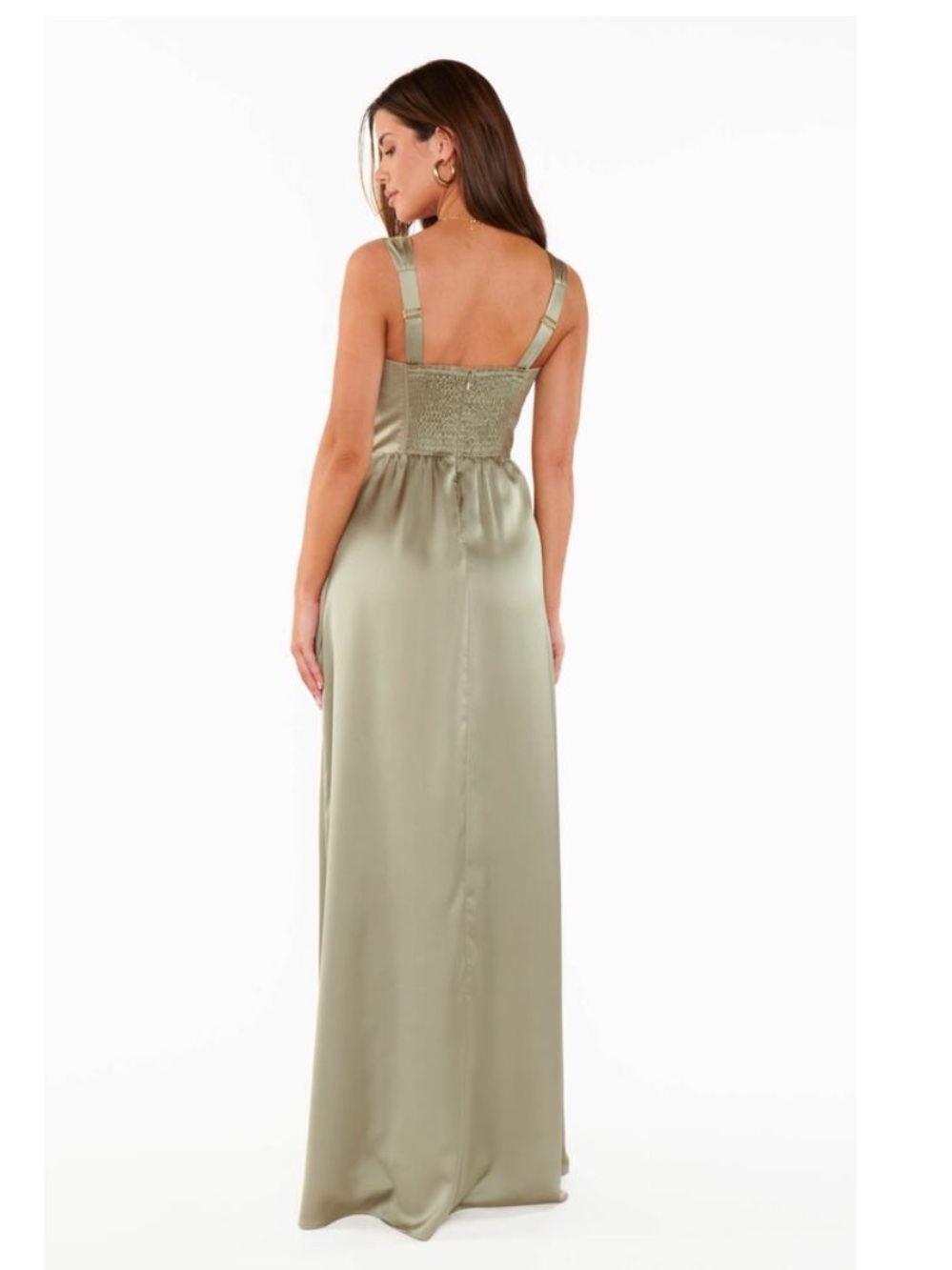 Show Me Your Mumu Nina Maxi Dress in Moss Green Luxe Satin Medium Corset - Picture 3 of 11